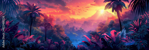 Vibrant Vector-Style Jungle with Psychedelic Music and Colors  Fluorescent Jungle Expedition