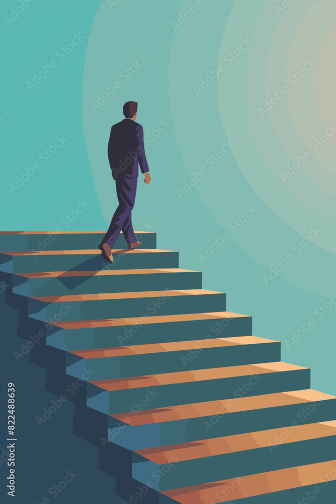 Businessman Climbs Steps to Success, Progressing from Start to Finish and Reward