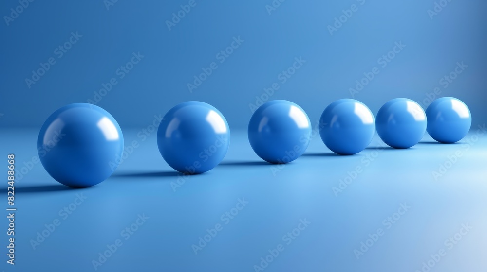 A line of blue balls aligns on a light blue surface, surrounded by a light blue wall in the background A line of blue balls aligns on a light blue surface, surrounded by a light blue wall in the background