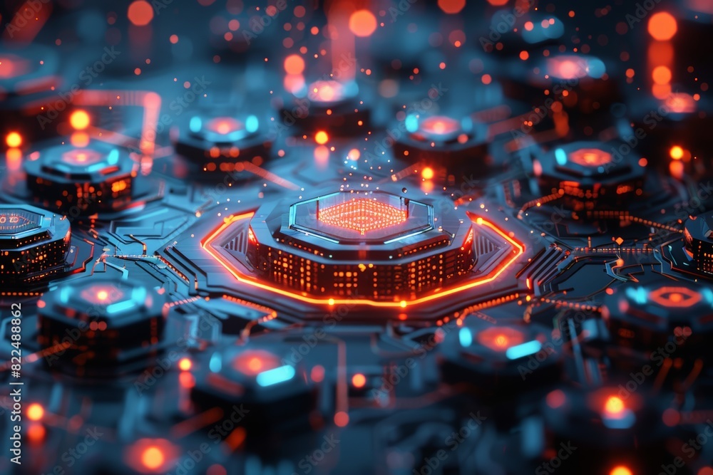 Orange Chip Computer A computer chip with many small squares of orange and blue. The squares ...