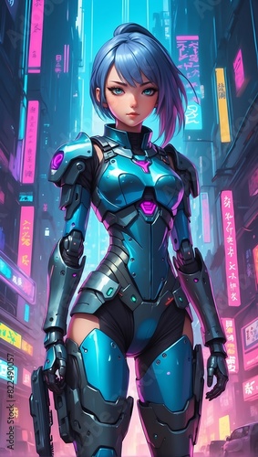 Beautiful cyberpunk anime girl character wearing tech armor © The A.I Studio