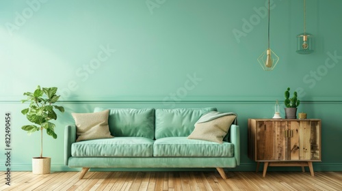 green mint wall with sofa & sideboard on wood floor-interior photo