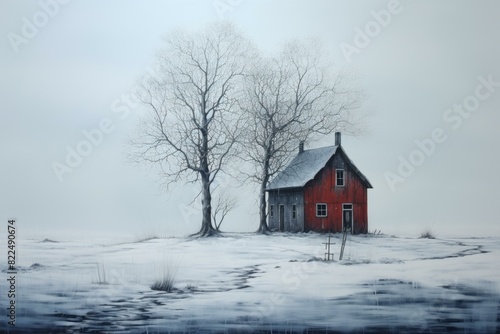 A moody scene of a red house surrounded by barren trees and snow © juliars