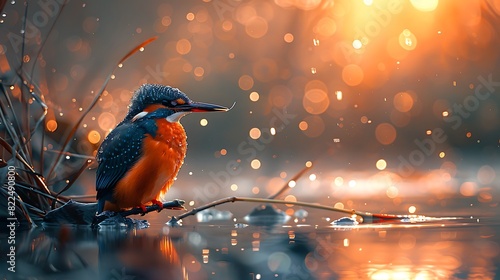  A colorful kingfisher perched on a slender reed beside a crystal-clear stream, its sharp beak poised to dive for fish.