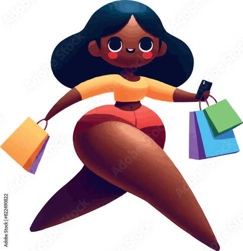 Dark skinned woman running on a white background while holding packages for shopping and discounts