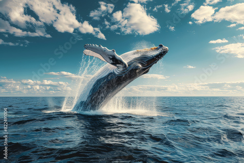 A majestic whale breaching the ocean surface with water splashing under the sunny sky.. AI generated.