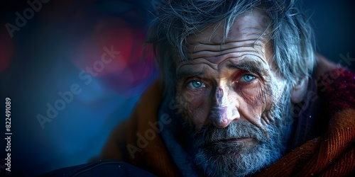 Intimate portrait capturing the emotions of a homeless man with visible wrinkles and sorrowful eyes. Concept Portrait Photography, Emotional Expression, Homelessness Awareness, Wrinkled Texture photo