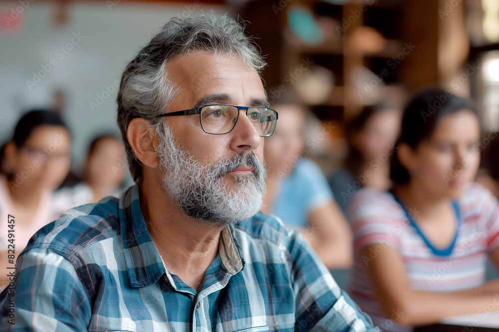 Mature man studying in adult education training class. Perfect for educational marketing, training courses, and adult education resources,concept of unretirement,corporate training, self-development Mature man studying in adult education training class. Perfect for educational marketing, training courses, and adult education resources,concept of unretirement,corporate training, self-development