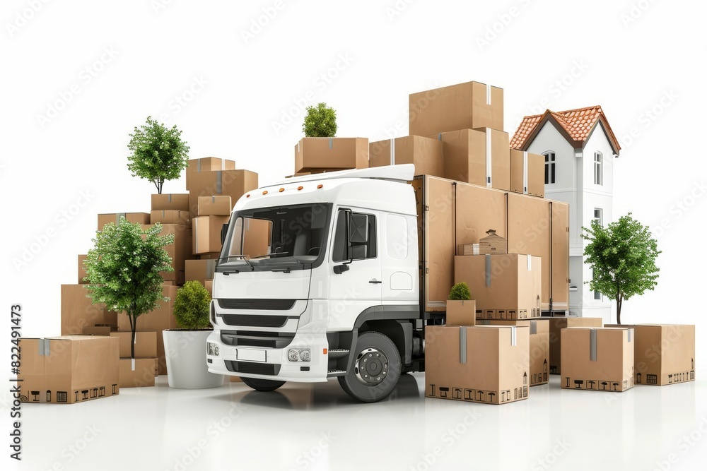 with Moving Boxes and Green Plants Illustration - Modern Interior Relocation, Organized Logistics, and Efficient Home Moving Services with Daylight and Clean Design with Moving Boxes and Green Plants Illustration - Modern Interior Relocation, Organized Logistics, and Efficient Home Moving Services with Daylight and Clean Design
