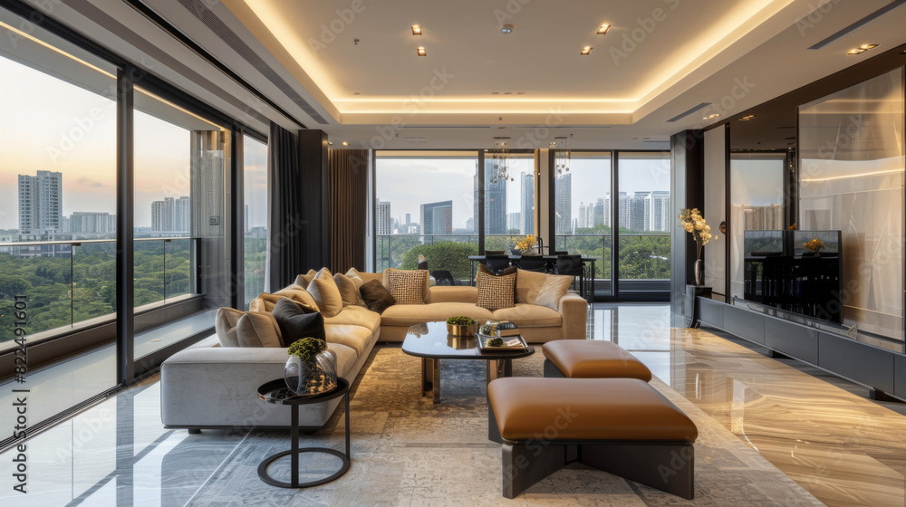 A large living room with a couch, coffee table, and ottoman A large living room with a couch, coffee table, and ottoman