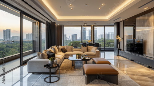 A large living room with a couch, coffee table, and ottoman