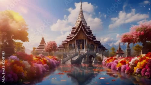 Wallpaper Mural Serene temple, vibrant flowers, tranquil water, ornate architecture, blue sky, reflection, peaceful atmosphere Torontodigital.ca