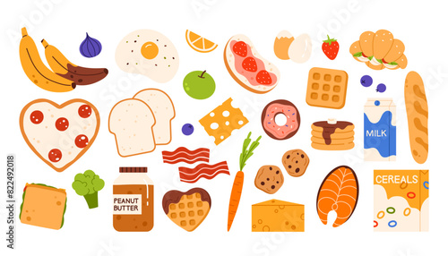 Breakfast food products set. Various tasty, nutritious meals to fresh ingredients collection. Grocery products for lunch. Vector illustration in cartoon style. Isolated on white background