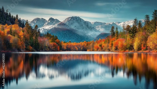 A tranquil lake reflecting the vibrant colors of an autumn forest, with snow-capped peaks in the distance.