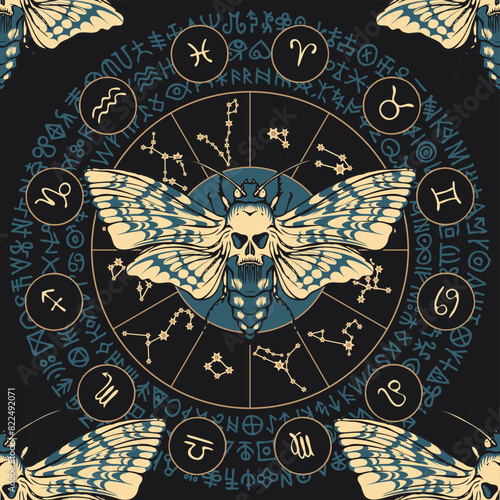 vector seamless pattern with a death's head butterfly on the background of the zodiac circle with constellations and ancient runes on the backdrop of a black cosmos.