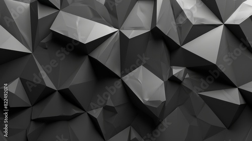  A monochrome image of a wall adorned with various shades of black and white geometrical shapes The intricately designed forms seem crafted from polygons