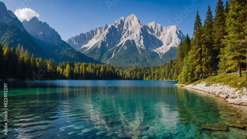 Colorful summer view of Lake Fusine with Mangart peak in the Julian Alps, Udine, Italy, Europe. photo