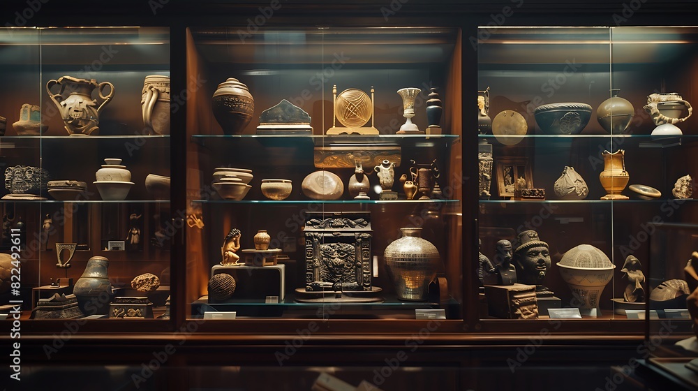 A collection of historical artifacts displayed in a glass case in a well-lit museum setting. 8k, realistic, full ultra HD, high resolution and cinematic photography
