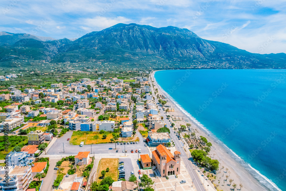 Kalamata Marina port. Aerial photo of Kalamata city, blue long beach in Messenia, Peloponnese, Greece