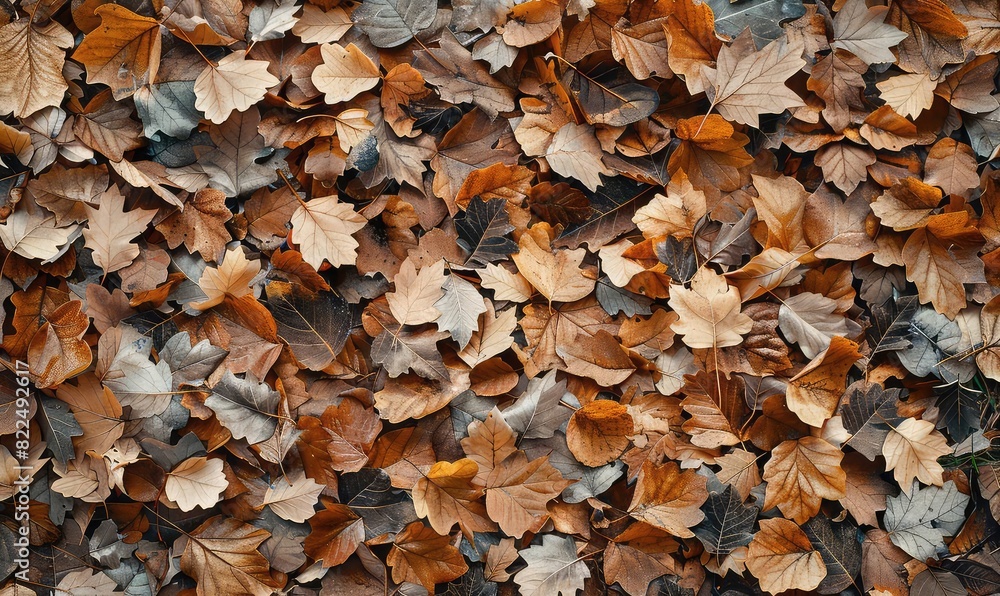 Overhead view of a carpet of fallen leaves, muted earth tones, flat lay, detailed natural drawing