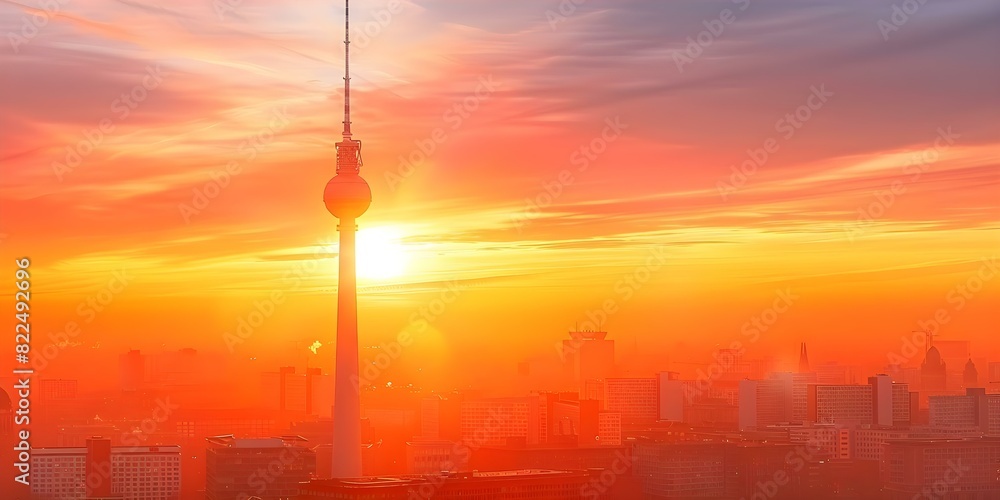 Experience the Vibrant Sunset Glow of Berlin's Fernsehturm Tower, a Must-See Landmark. Concept Sunset Photography, Berlin Landmarks, Berlin Travel, Fernsehturm Tower, Cityscape Views