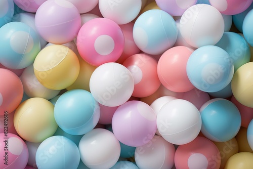 Top view of multicolored plastic balls in soft pastel shades  ideal for backgrounds or patterns