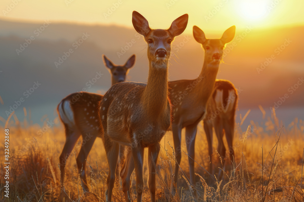 A serene image of deer grazing peacefully in an open meadow during sunrise.. AI generated. A serene image of deer grazing peacefully in an open meadow during sunrise.. AI generated.