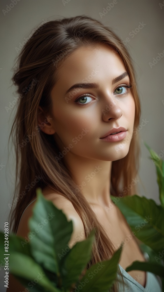 portrait of a beautiful western woman with natural make up and green leaf portrait of a beautiful western woman with natural make up and green leaf