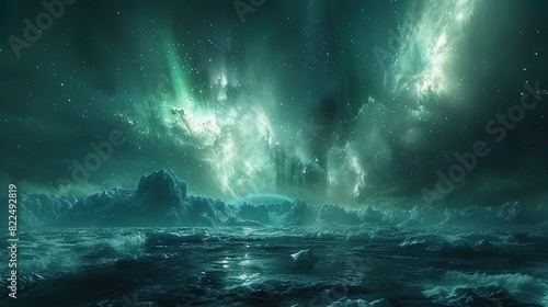 A beautiful and serene image of a vast ocean with a green sky