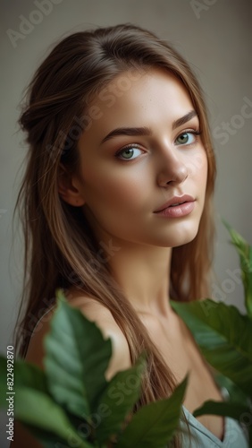 portrait of a beautiful western woman with natural make up and green leaf
