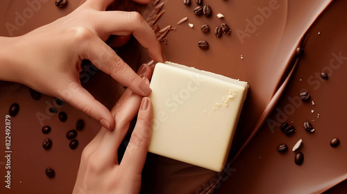 Woman's fingers grasp a rich deep espresso brown square-shaped cream mockup. photo