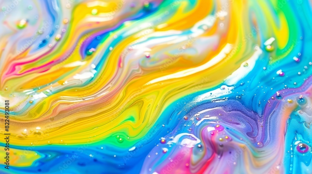 Naklejka premium A tight shot of a multicolored liquid with water drops at its base