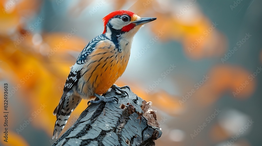 A colorful woodpecker perched on the trunk of an old oak tree, its vibrant plumage a striking contrast against the rough bark. A colorful woodpecker perched on the trunk of an old oak tree, its vibrant plumage a striking contrast against the rough bark.