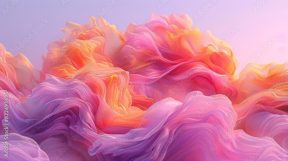 Fototapeta premium An abstract painting featuring pink, orange, and yellow swirls against a pink and purple backdrop Background includes a light blue sky