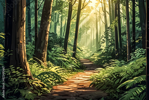 A winding forest trail leading through a dense thicket of trees with sunlight filtering through the canopy vector art illustration generative ai image.
 photo