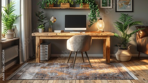 scandinavian home office  create a comfortable scandinavian home office nook with a vintage desk  chic chair  and cozy lighting  combining practicality and classic style for remote work
