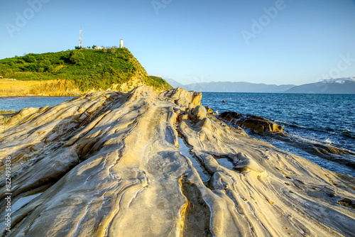 Beautiful and impressional views from deserted peninsula Zvernec near Vlore, Albanie during gold hour