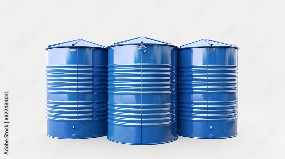 3D rendering of three blue rainwater tanks on a white background. 3D rendering of three blue rainwater tanks on a white background.