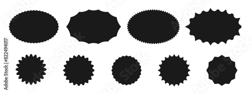 Set of graphic round and oval frames for design. Wavy zigzag outlines round sticker. Vector illustration
