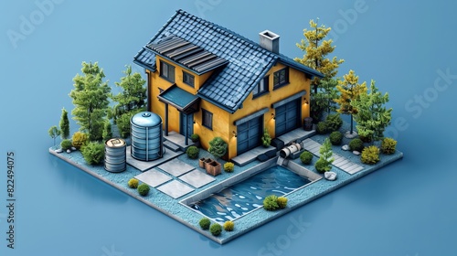 3D isometric flat vector conceptual illustration of rainwater harvesting, rooftop water collecting downspout system.