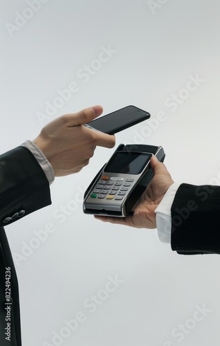 Close-up of a contactless payment transaction using a smartphone and a card reader photo