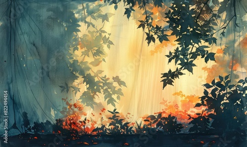 Shadow of leaves on a tent wall, sunset hues, intimate view, cozy camping scene sketch photo