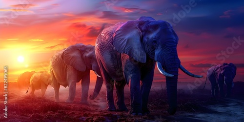 Realistic photo of African elephants at sunset in National Geographic style. Concept Wildlife Photography, African Elephants, Sunset Silhouette, National Geographic Style, Nature Conservation © Ян Заболотний