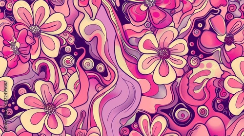 Fototapeta Naklejka Na Ścianę i Meble -  Groovy psychedelic y2k pattern with repeating pink flowers - trendy retro 2000s design in pastel colors vector illustration