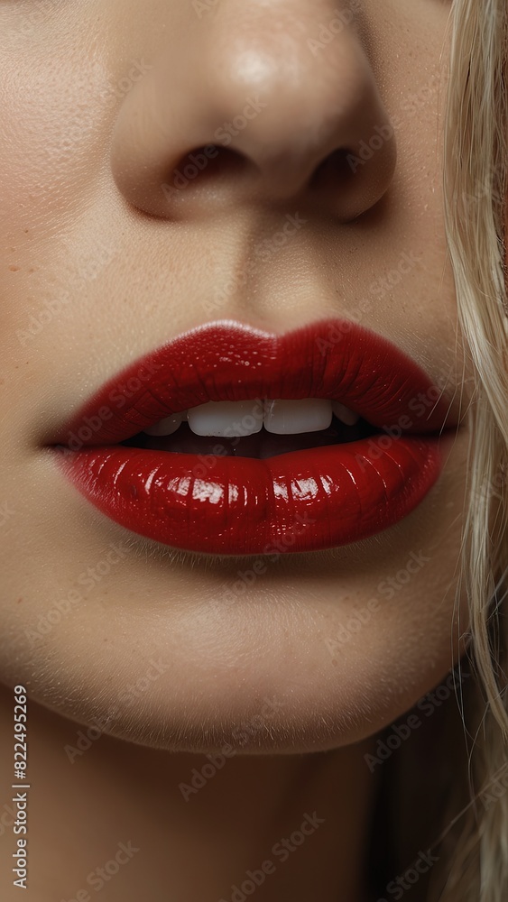 Fototapeta premium Lips with red lipstick and white teeth of a beautiful woman