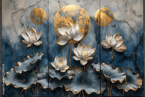 3 panel wall art, white marble background with white sunflower flowers designs, with golden round circle