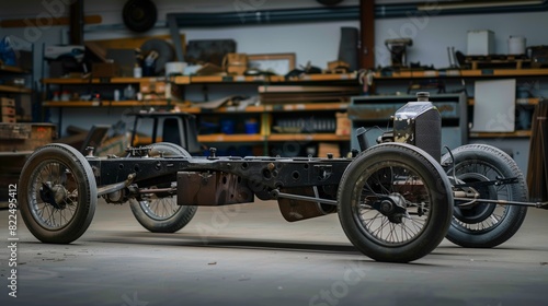 A bare 1920s vintage car chassis awaits expert restoration to revive its historic charm and timeless elegance.