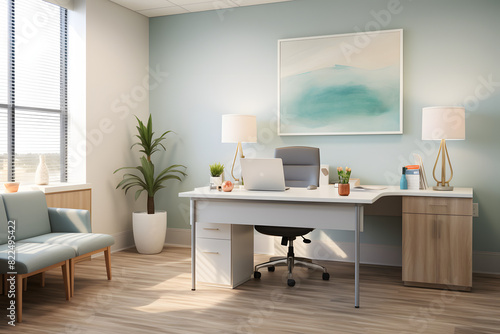 Contemporary healthcare administrator's office with a clean, hygienic design, modern medical charts, and calming colors. Focus Generative Ai,