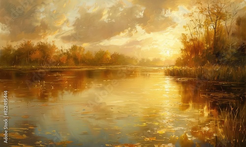 Sunset reflecting on a golden pond, soft golden hues, low angle, serene landscape painting