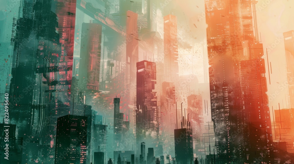 Naklejka premium Illustration of a futuristic cityscape with exaggerated structures